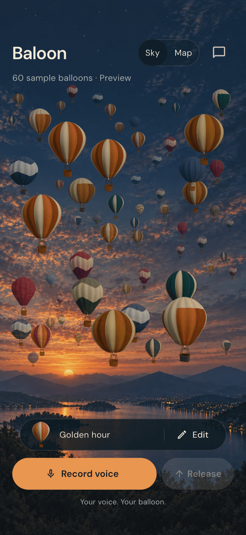 A cinematic sunset sky filled with unique hot air balloons in the Baloon app